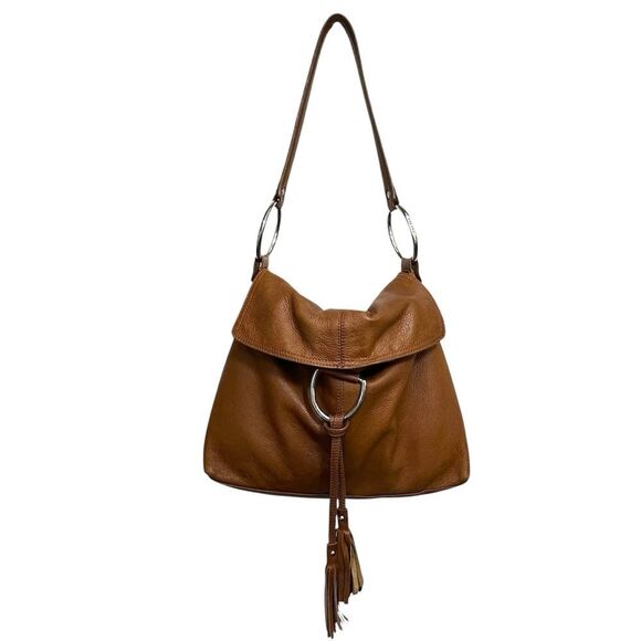 Alfani Brown Leather Shoulder Fringe Hobo Handbag - Picture 1 of 15